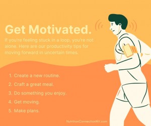 Text image with 5 Productivity Tips listed. Accompanied by illustration of man running.